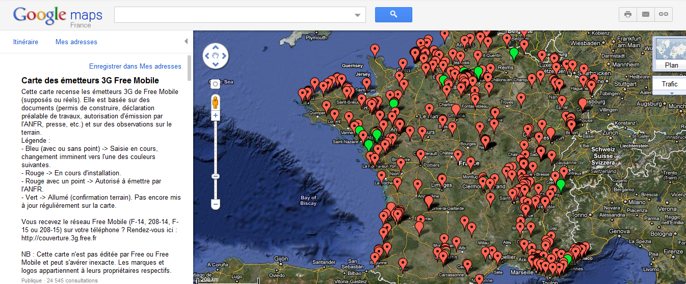 Carte des émetteurs 3G Free Mobile   Google Maps
